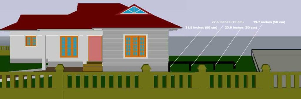 Diagram of a deck frame on sloped terrain showing vertical metal posts at varying heights: 80 cm near the house, stepping down to 70 cm, 60 cm, and 50 cm on the lower side to create a level platform.