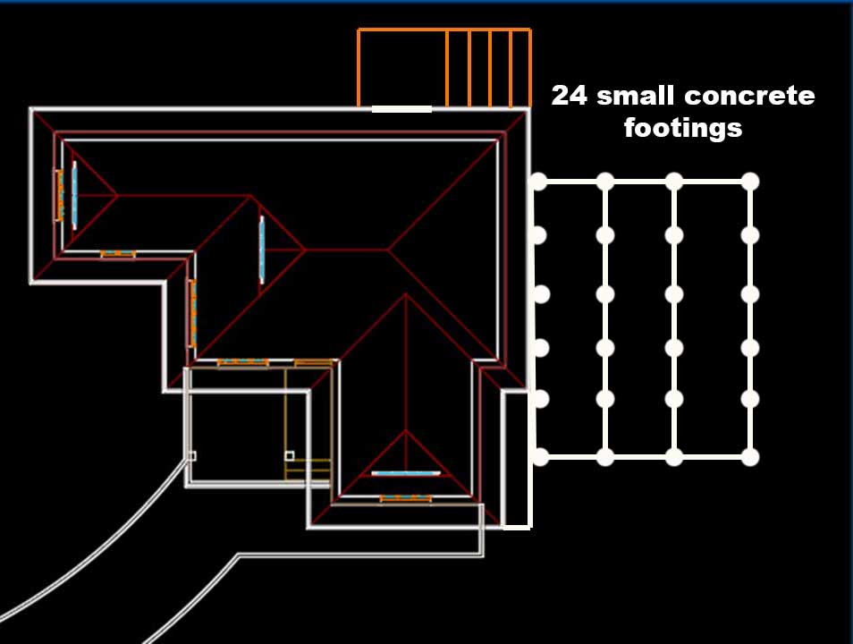 Top-view diagram of 24 small concrete footings arranged in a 4x6 grid for a deck foundation on sloped terrain, providing dense support to prevent bounce and ensure stability.