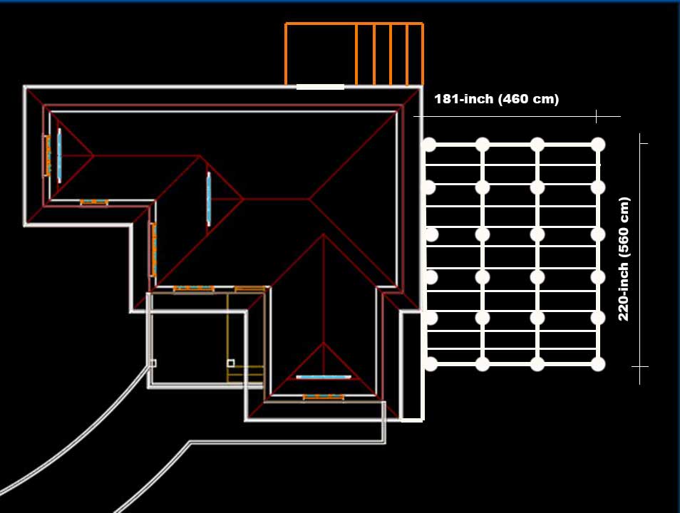 Graphic diagram of a deck on a slope with labeled dimensions: 220 inches long by 181 inches wide (560 cm × 460 cm), showing the overall size and elevation drop across the width.