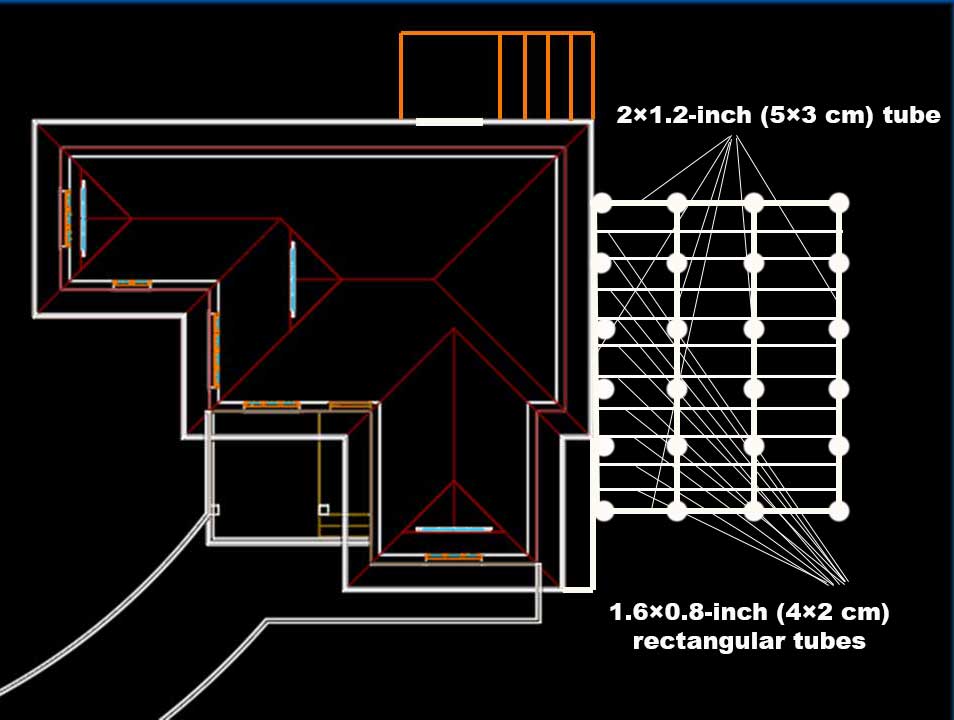 Diagram of the metal deck frame layout on a slope: 2×1.2-inch (5×3 cm) main longitudinal beams running the length, connected by 1.6×0.8-inch (4×2 cm) cross joists for a level and rigid platform.